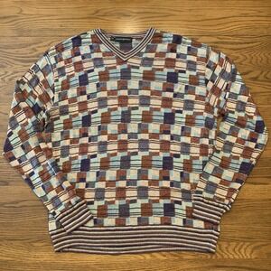 Jhane Barnes V Neck Knit Sweater Men's L Geometric Art To Wear Mathematical